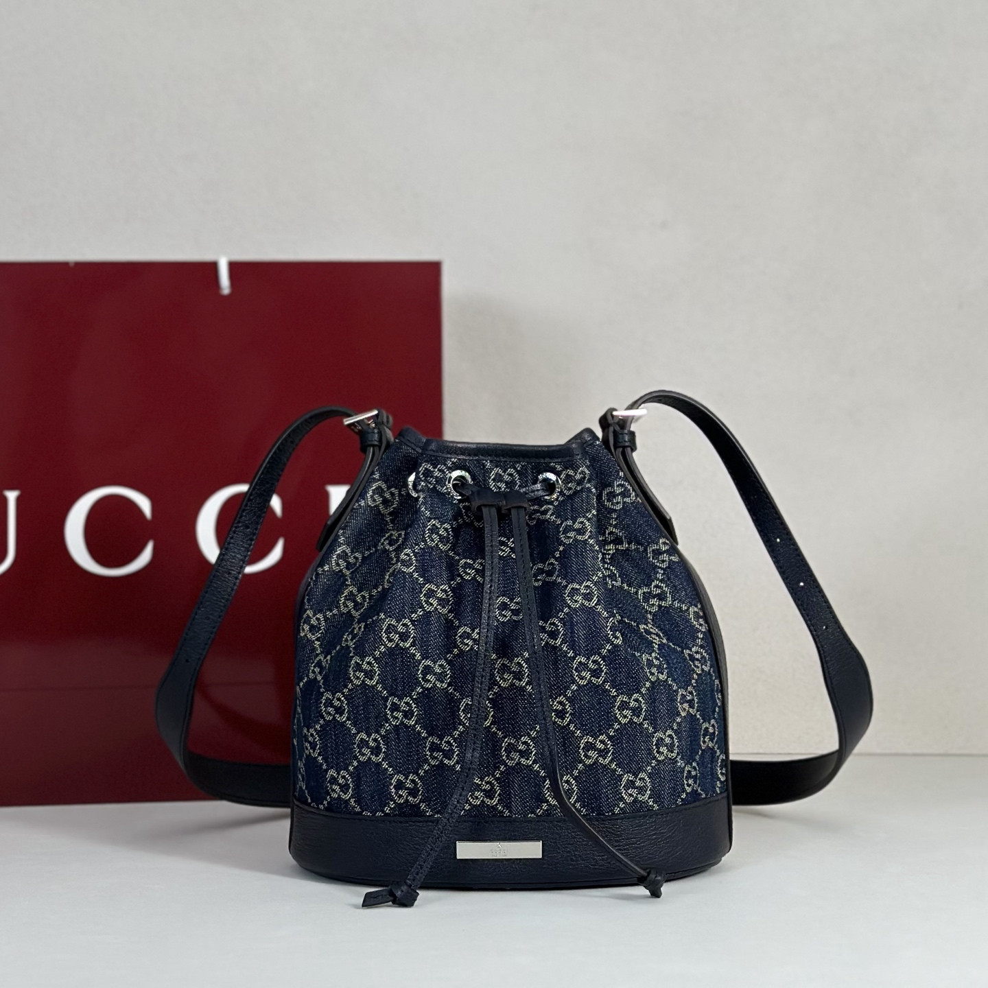 Guc*ci Venice Bucket Bag In Dark Blue GG Canvas-20.5*23*14CM