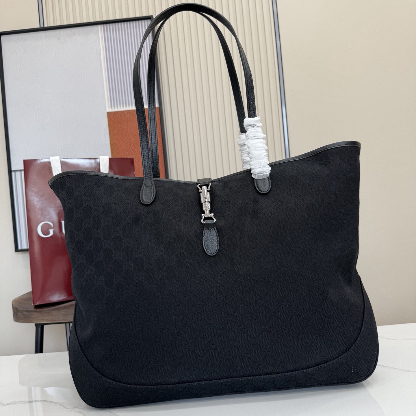 Gu*cci Jackie Large Tote Bag In Black GG Canvas-55*37*14.5CM