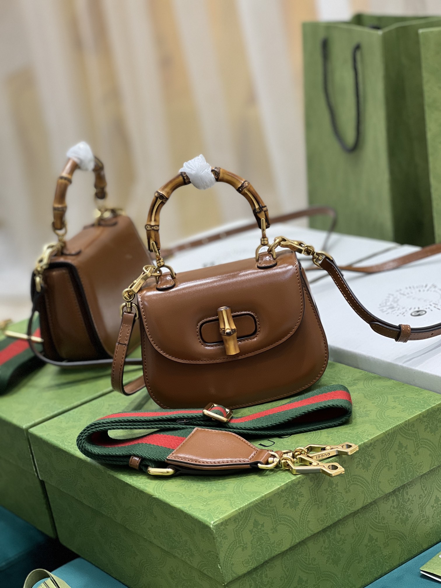 G*u*i top handle bag with bamboo-17*12*7.5&21*15*7cm