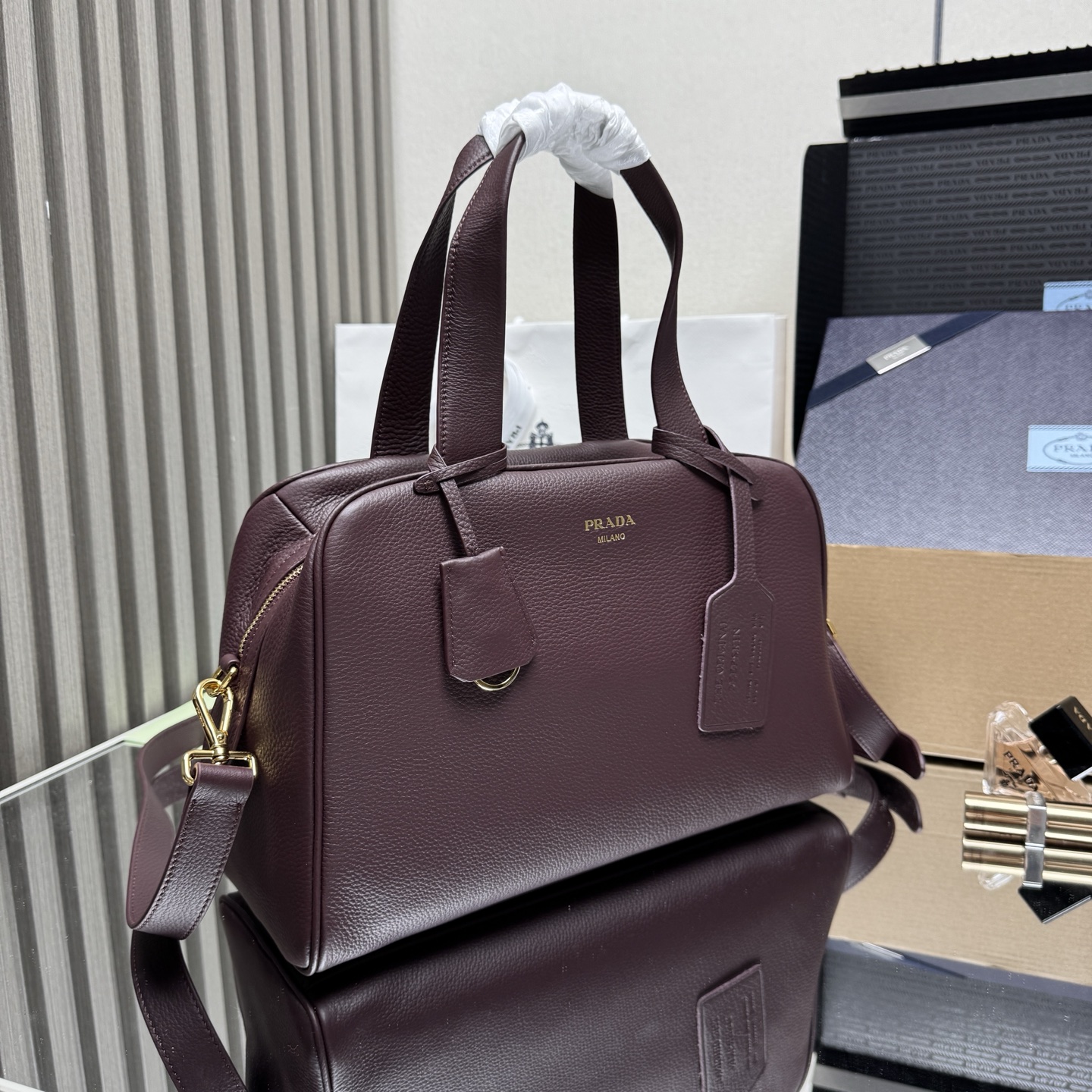 Pra*a Leather Handbag 1BB148-33*22*14CM