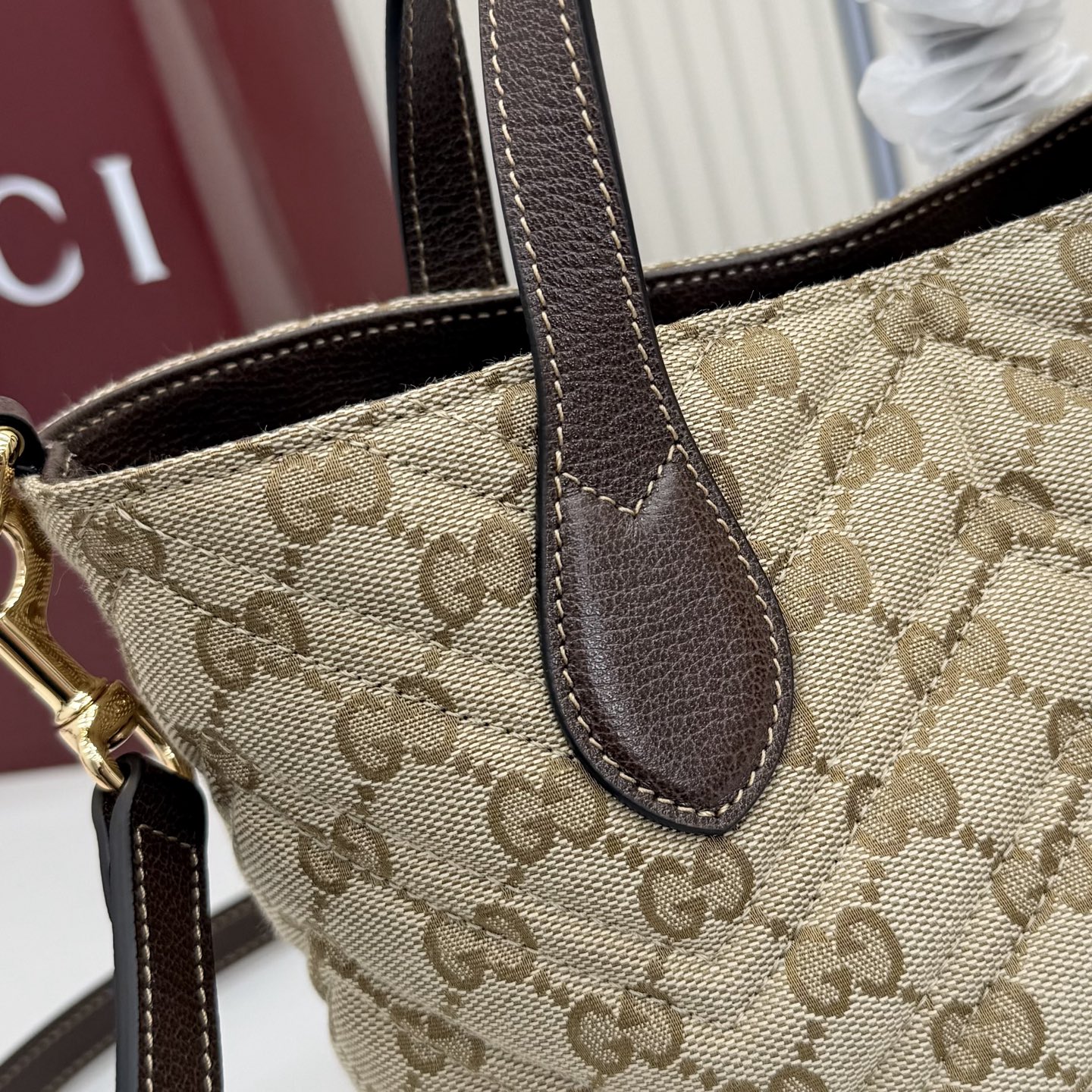 Gv*c* GG Marmont Small Tote Bag in Sand And Brown GG Canvas-17*5*17*12.5CM