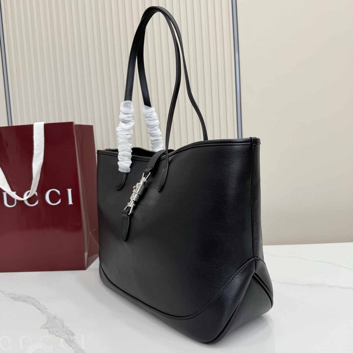 Guc*ci Jackie Medium Tote Bag In Black Leather-45*28*12CM
