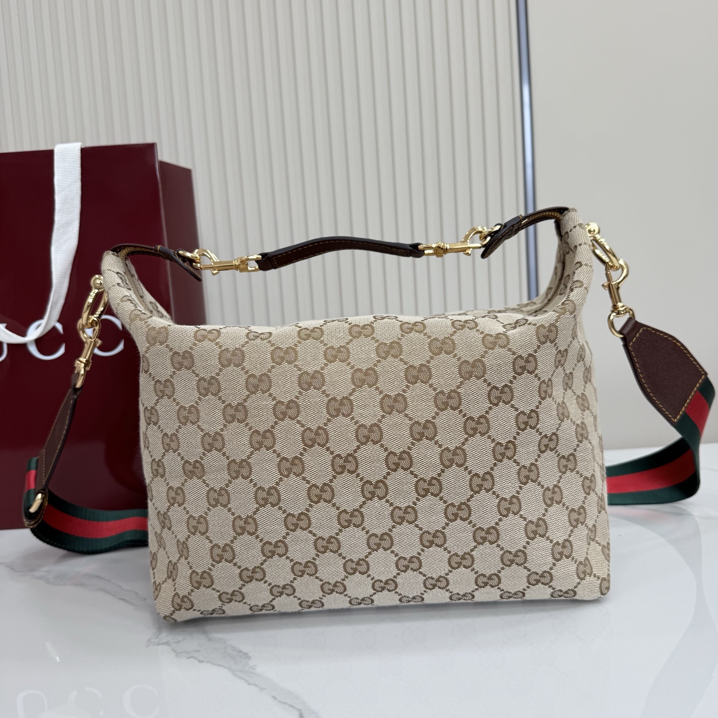 Gv*c* Brera Medium Crossbody Bag In Sand And Brown GG Canvas-33*27*15CM