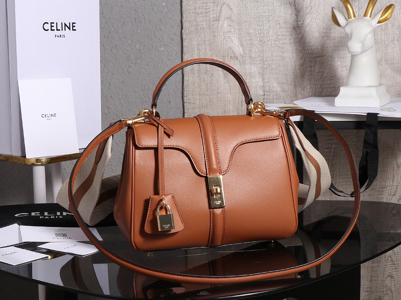 Celin**e Satinated Calfskin Small 16 Top Handle Bag Tan-23*19*10.5CM