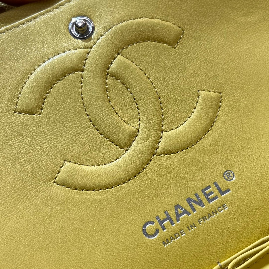 Ch**el CLASSIC HANDBAG GRAINED CALFSKIN & SILVER - TONE METAL Yellow 6×9.9×2.5in