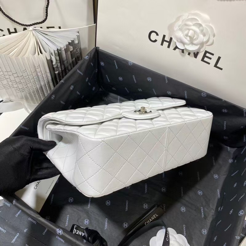 Ch**el Classic Flap Jumbo 30cm CF White Silver 7.6 × 11.7 × 3.9 in