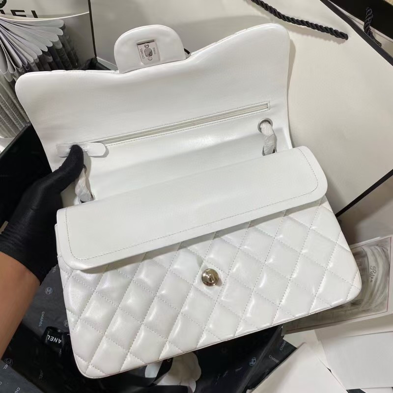 Ch**el Classic Flap Jumbo 30cm CF White Silver 7.6 × 11.7 × 3.9 in