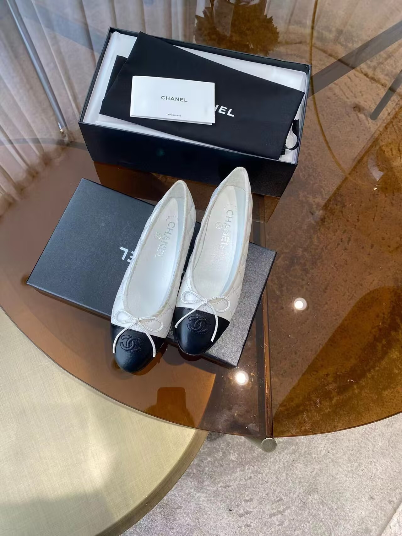 Ch**el BALLET FLATS  Aged Calfskin White & Black