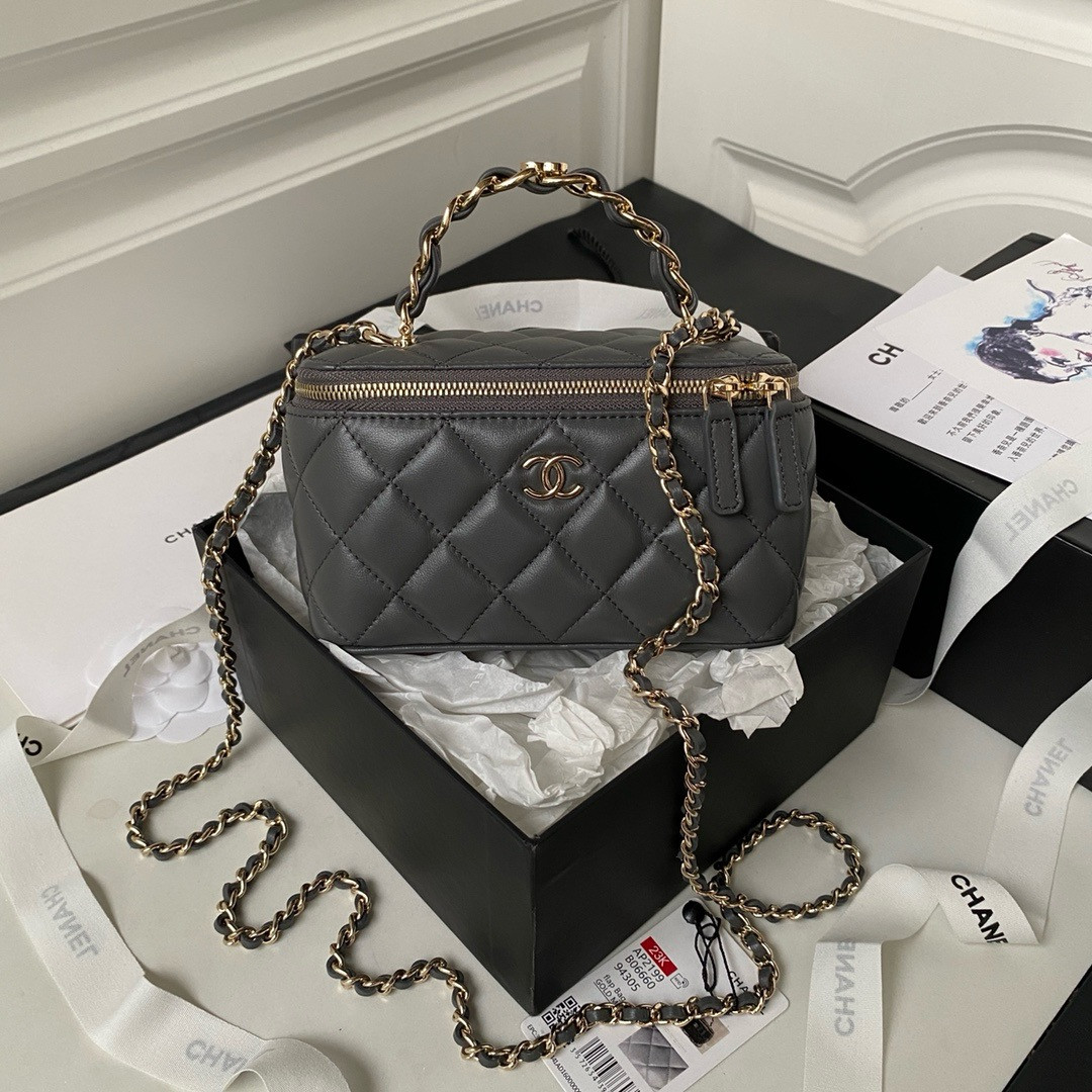 Ch**el Walnut Gold Ball Chain with Makeup Mirror Lamb Leather Square Box Shoulder Bag Women's Grey