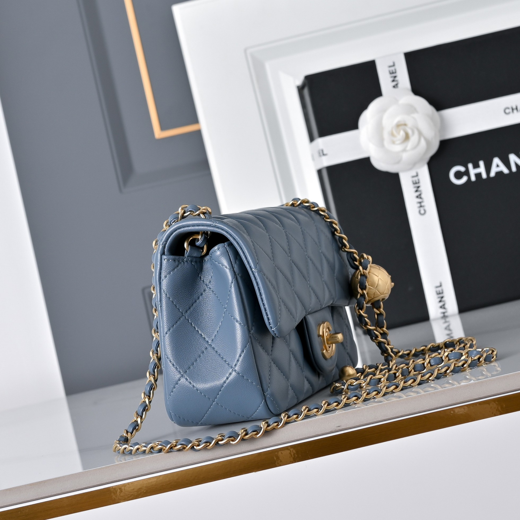 Ch**el Flap Bag Misty Blue AS1787 20x13x7cm