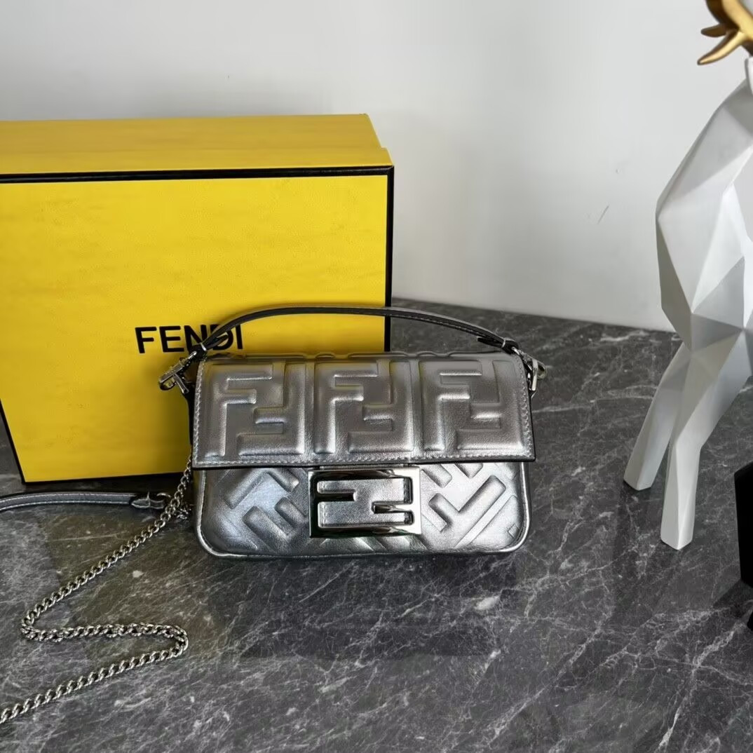 F**di Baguette Phone Pouch Craquelé silver leather pouch 19x5x12cm
