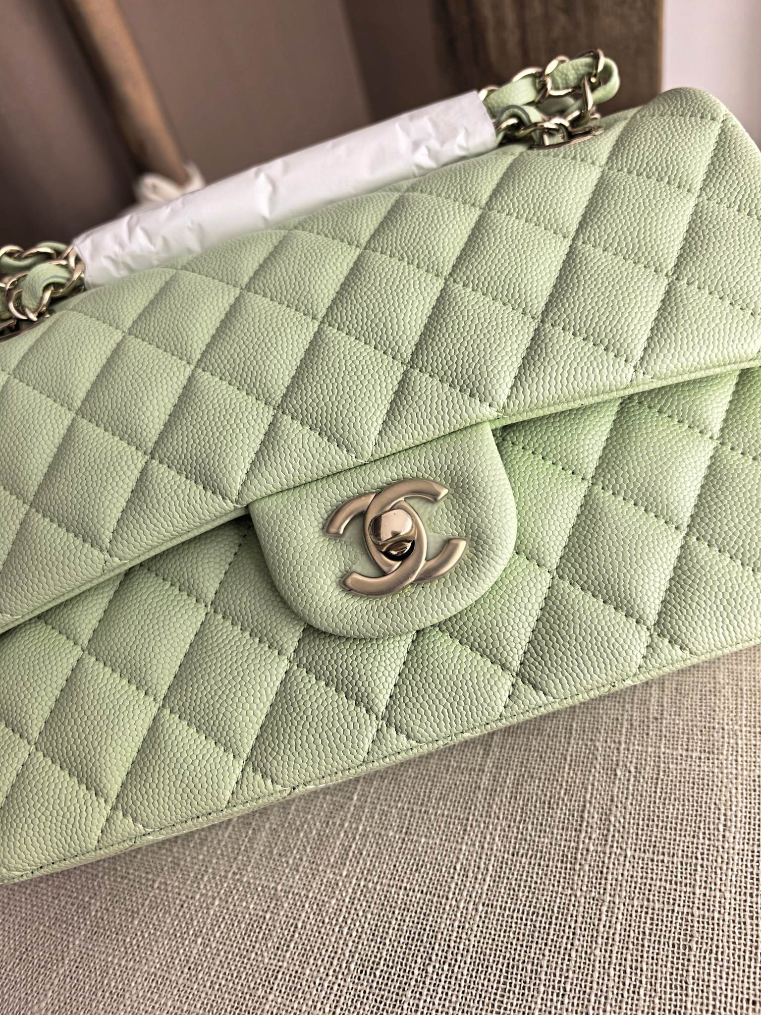 Ch**el Classic Flap handbag Mint Green Bag with Light Gold Hardware A01113 23x14.5x6cm