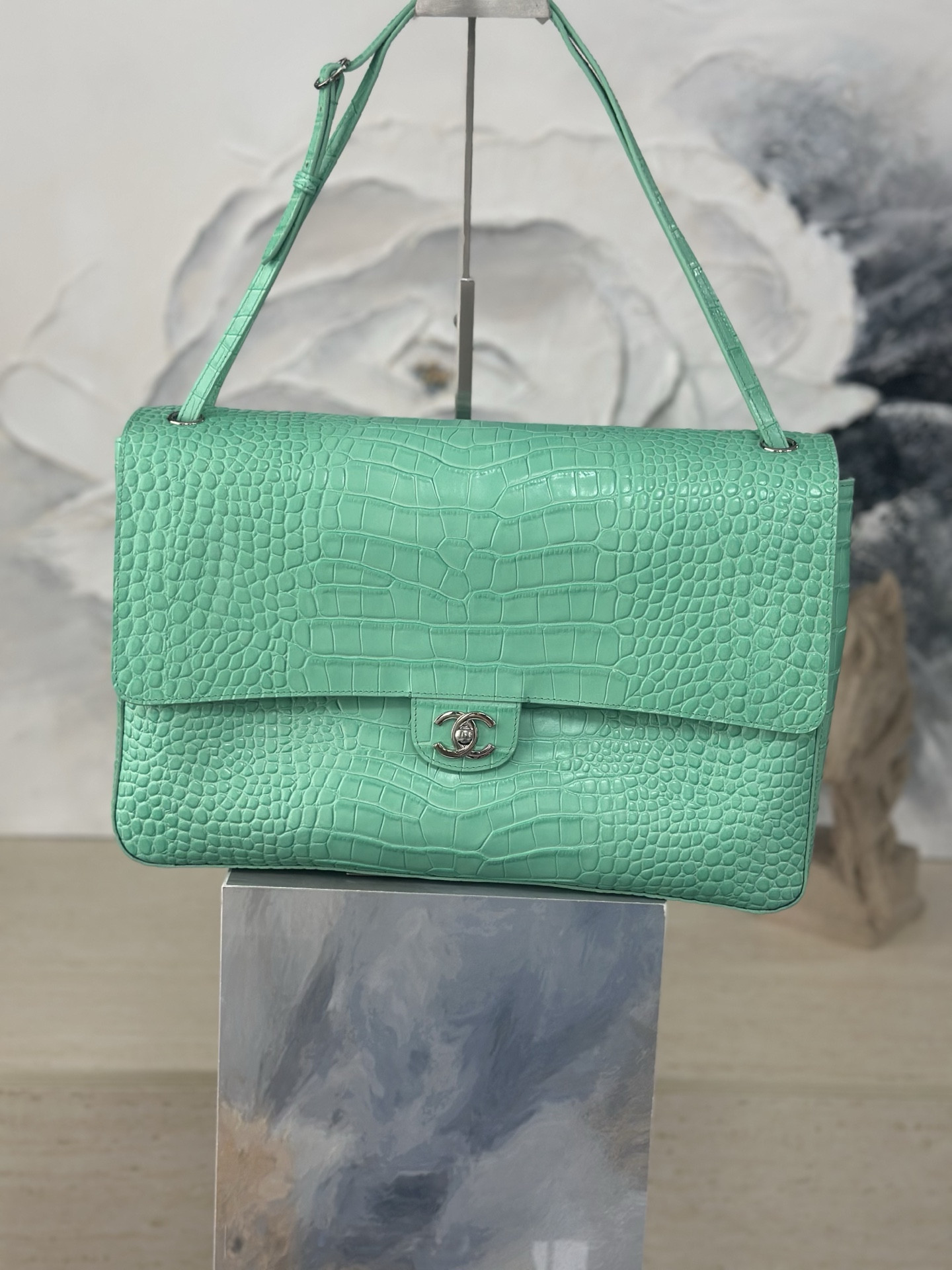 Ch**el Maxi Flap Bag Glacier Blue Silver hardware AS6233 26x38.5x11cm