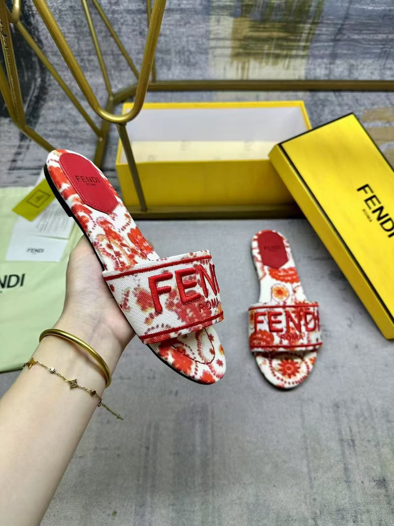 UA F**di Sunshine Red and Camelia Canvas Slides