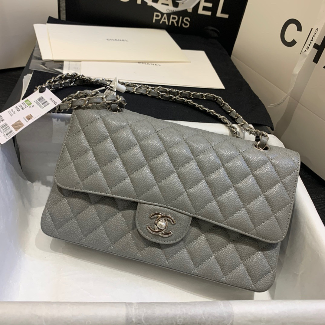 Ch**el Classic Handbag in Grained Litchi Pattern Calfskin & Silver-Tone Metal, Gray 6 × 9.9 × 2.5 inches