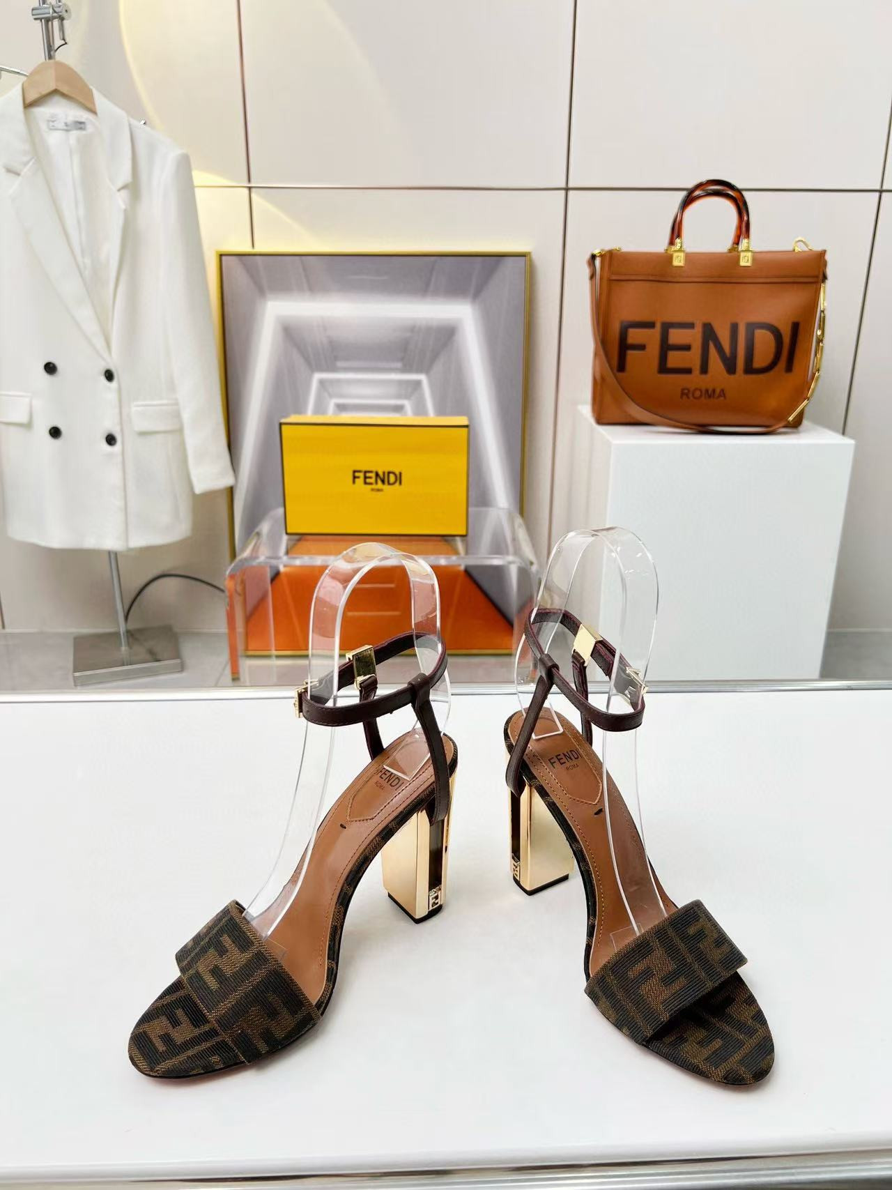 UA F**di Delfina Brown fabric high-heeled sandals