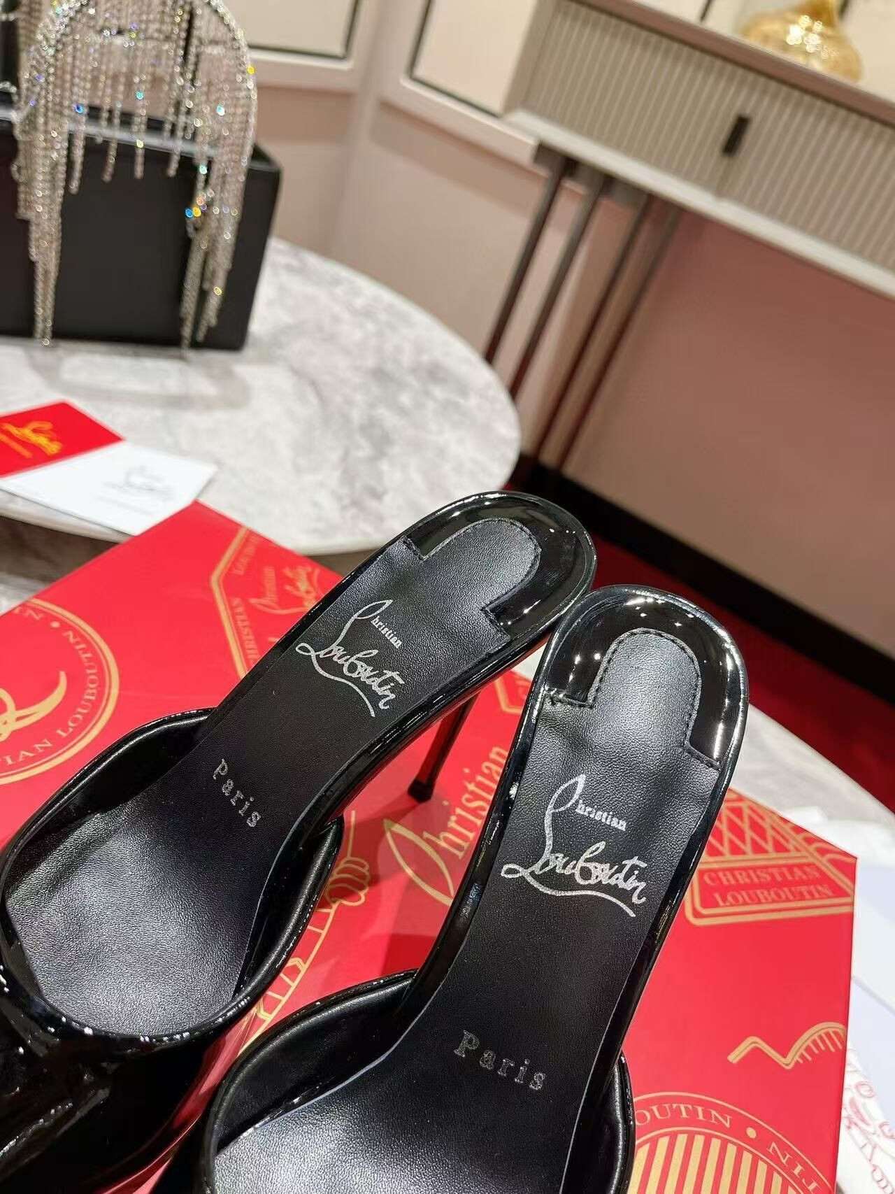 UA Chr1st1an Louboutin Me Dolly 100 Patent Leather Mules