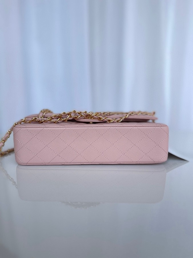 Ch**el CLASSIC HANDBAG GRAINED CALFSKIN & GOLD-TONE METAL PINK 6 × 9.9 × 2.5 in