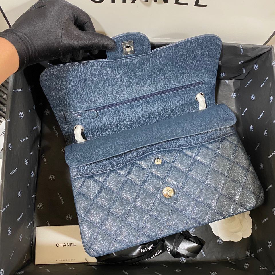 Ch**el Classic Flap Jumbo 30cm CF Blue Silver  7.6 × 11.7 × 3.9 in