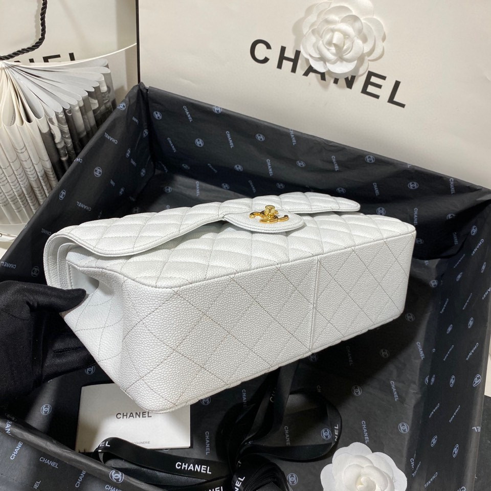 Ch**el Classic Flap Jumbo 30cm CF White Gold  7.6 × 11.7 × 3.9 in
