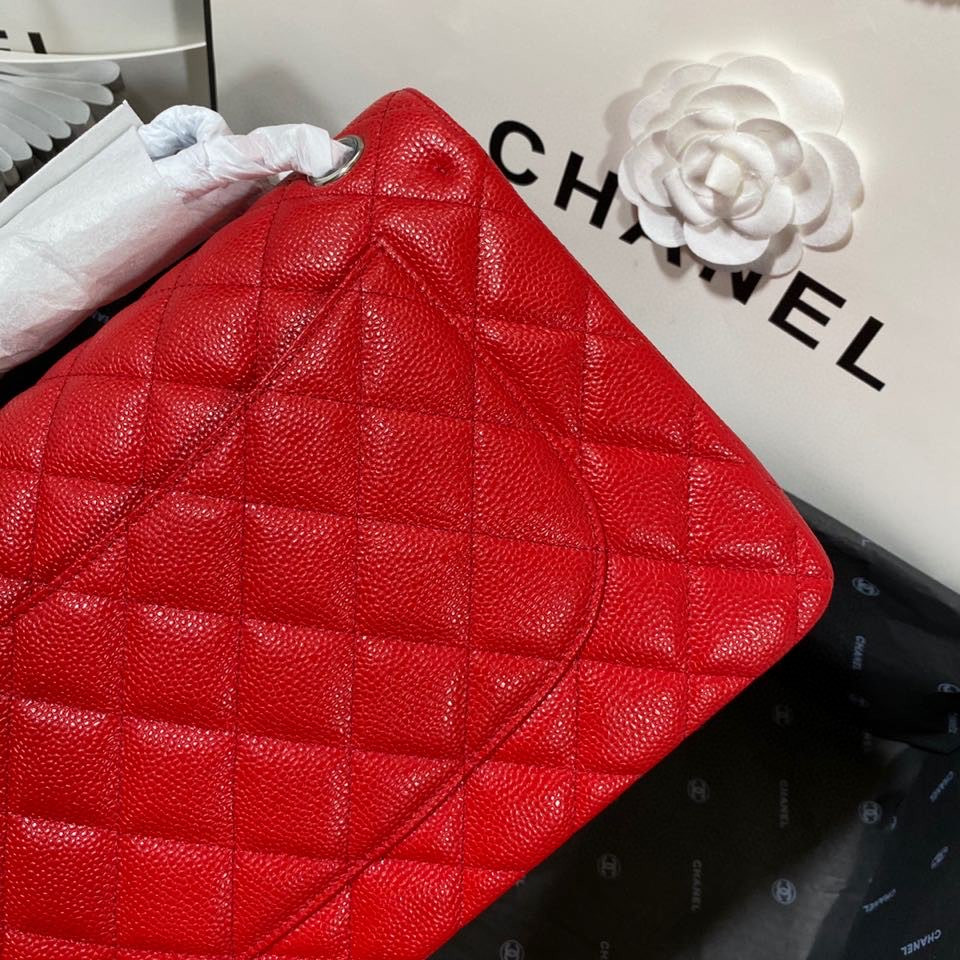Ch**el Classic Flap Jumbo 30cm CF Red Silver7.6 × 11.7 × 3.9 in