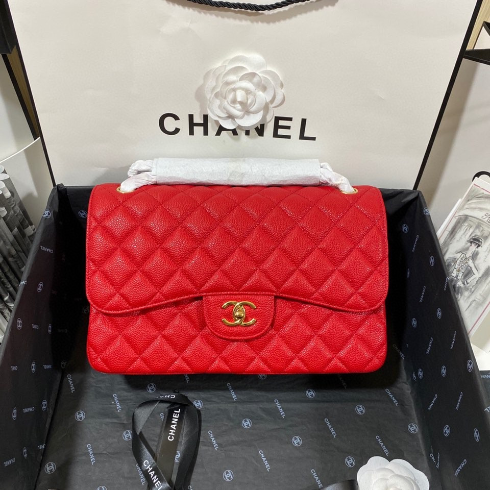 Ch**el Classic Flap Jumbo 30cm CF Red Gold 7.6 × 11.7 × 3.9 in