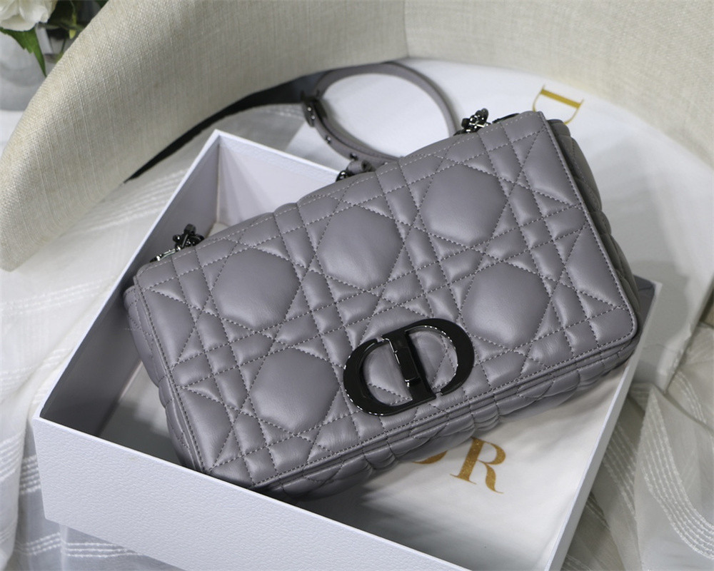 LARGE D10r CARO BAG Stone Gray S*pple Cannage Calfskin With Silver Hardware 29 x 18 x 10 cm