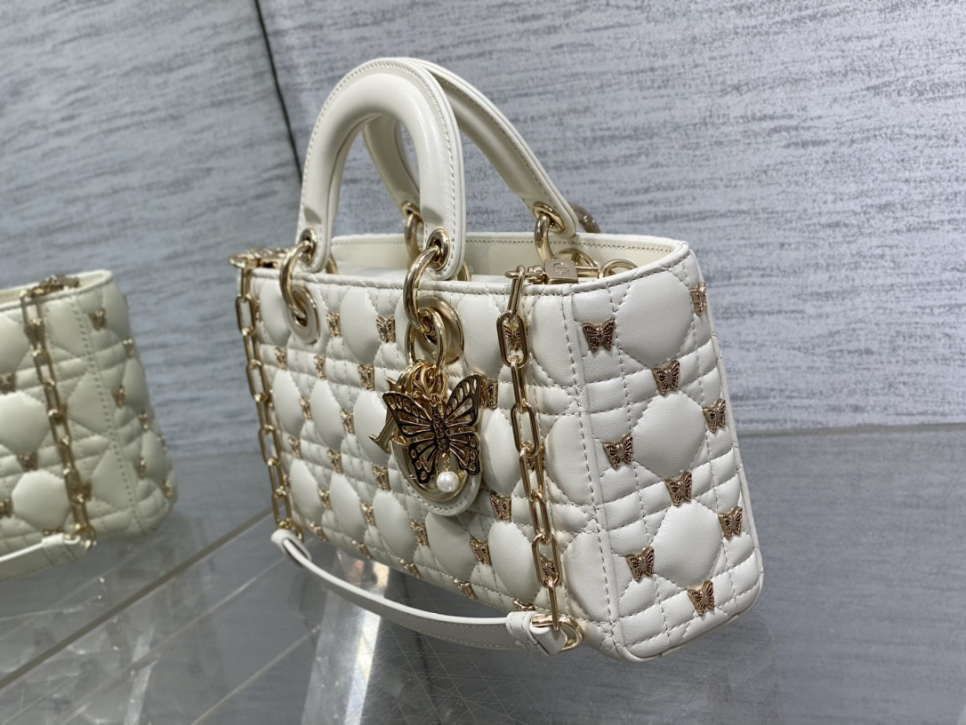 D10r MEDIUM LADY D-JOY BAG White with Butterfly Studs