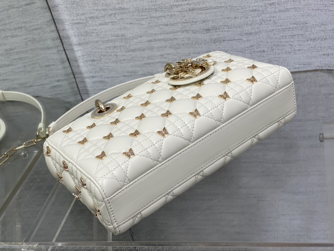 D10r MEDIUM LADY D-JOY BAG White with Butterfly Studs