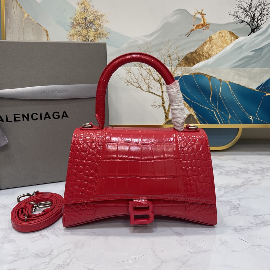 Ba1en*iaga WOMEN'S HOURGLASS SMALL HANDBAG CROCODILE EMBOSSED IN RED L9 x H5.5 x W3.9 inch