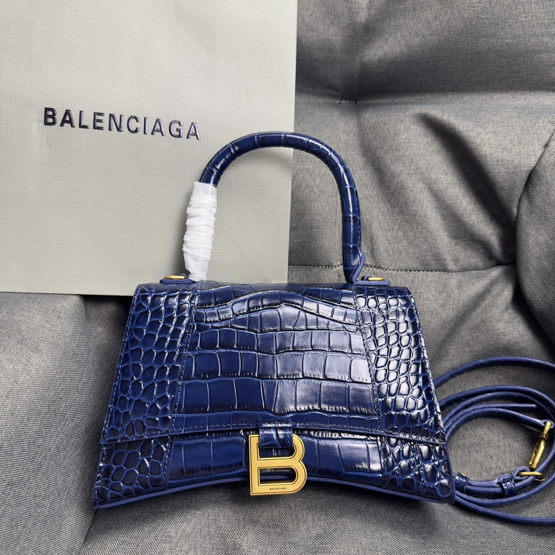 Ba1en*iaga WOMEN'S HOURGLASS SMALL HANDBAG CROCODILE EMBOSSED IN NAVY L9 x H5.5 x W3.9 inch