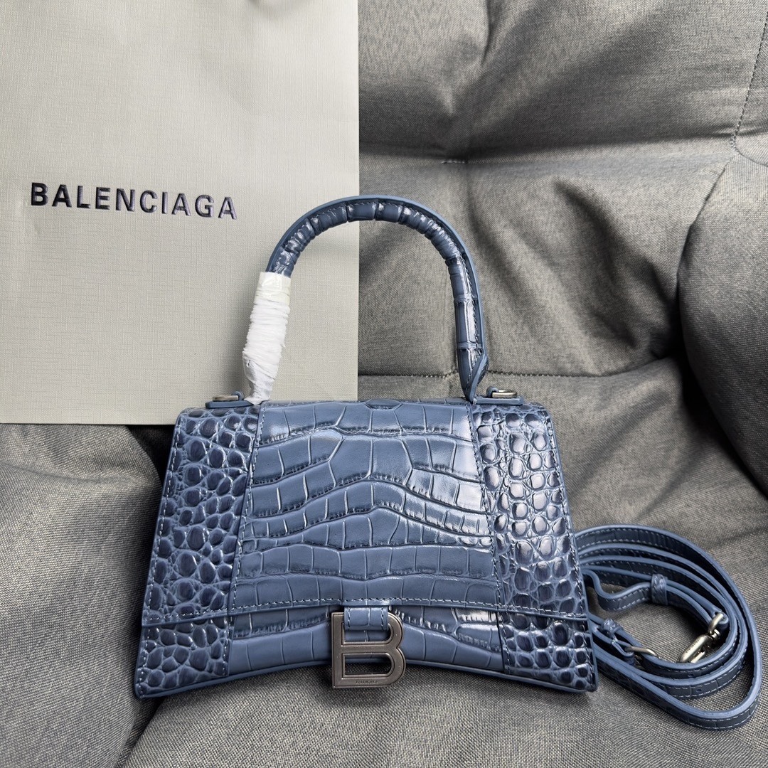 Ba1en*iaga WOMEN'S HOURGLASS SMALL HANDBAG CROCODILE EMBOSSED IN BLUE L9 x H5.5 x W3.9 inch