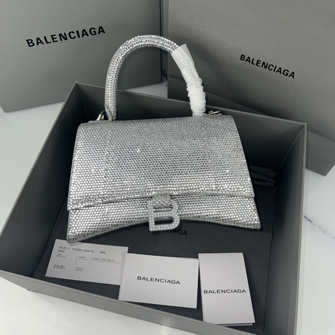 Ba1en*iaga WOMEN'S HOURGLASS SMALL HANDBAG WITH RHINESTONES SILVER L9 x H5.5 x W3.9 inch