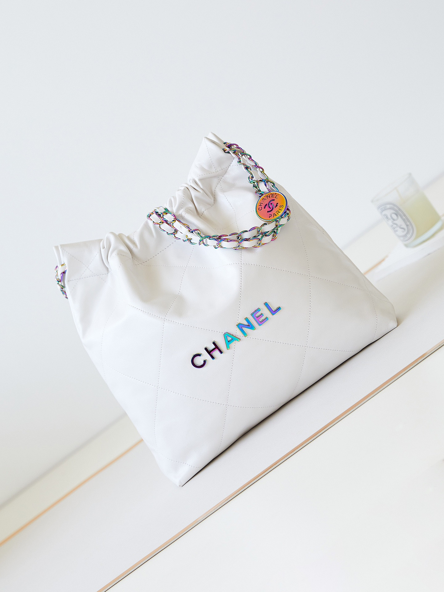 Ch**el 22 SMALL HANDBAG Shiny Calfskin & Rainbow Metal White 13.7×14.4×2.7 in