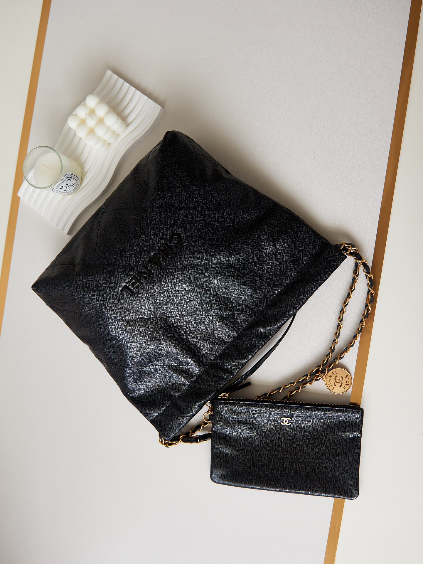 Ch**el 22 SMALL HANDBAG Shiny Calfskin & GOLD Metal BLACK 13.7×14.4×2.7 in