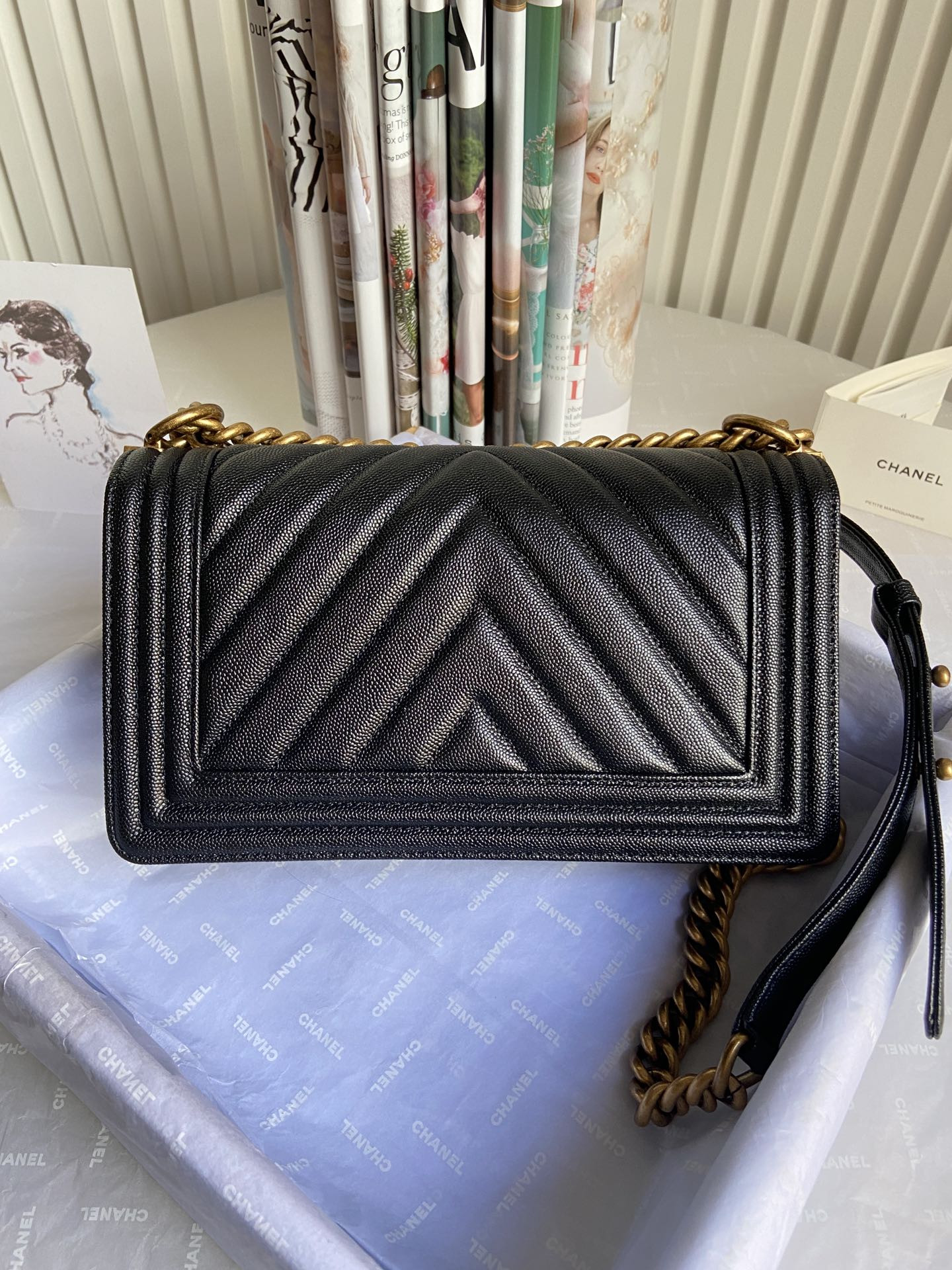 BOY Ch**el HANDBAG Shiny Grained Calfskin Black 5.9 × 9.8 × 3.5 in