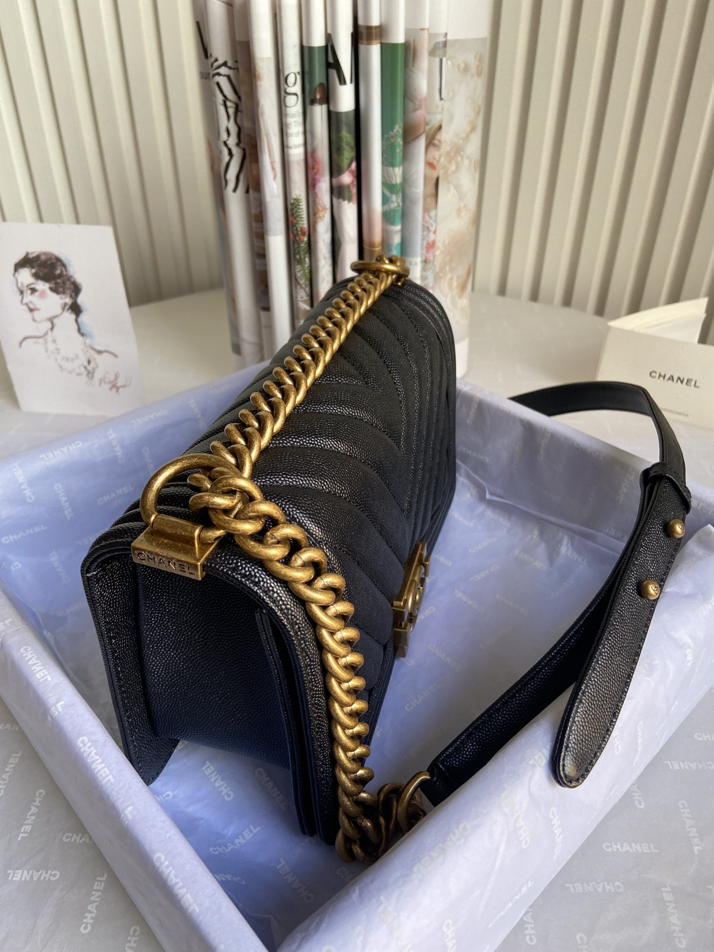 BOY Ch**el HANDBAG Shiny Grained Calfskin Black 5.9 × 9.8 × 3.5 in