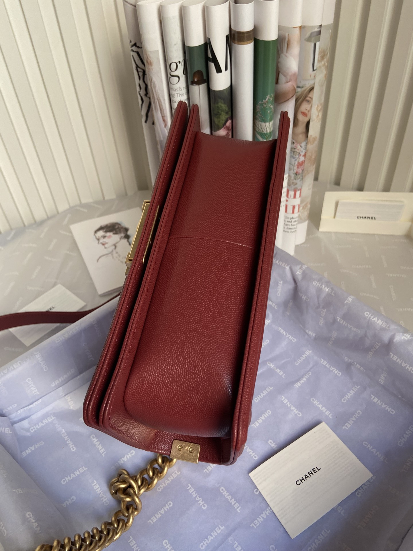 BOY Ch**el HANDBAG Shiny Grained Calfskin & Gold-Tone Metal red 5.9 × 9.8 × 3.5 in