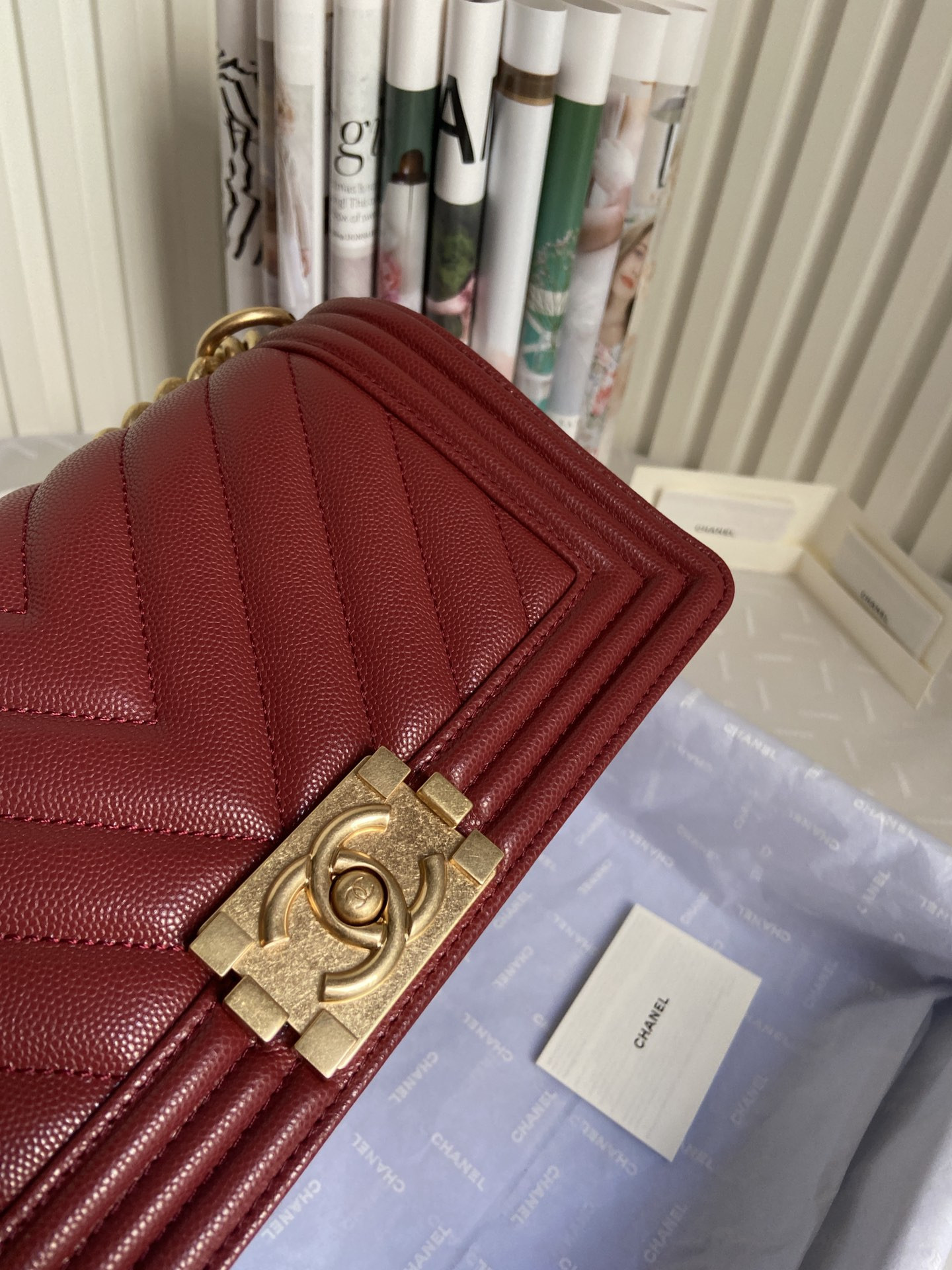 BOY Ch**el HANDBAG Shiny Grained Calfskin & Gold-Tone Metal red 5.9 × 9.8 × 3.5 in