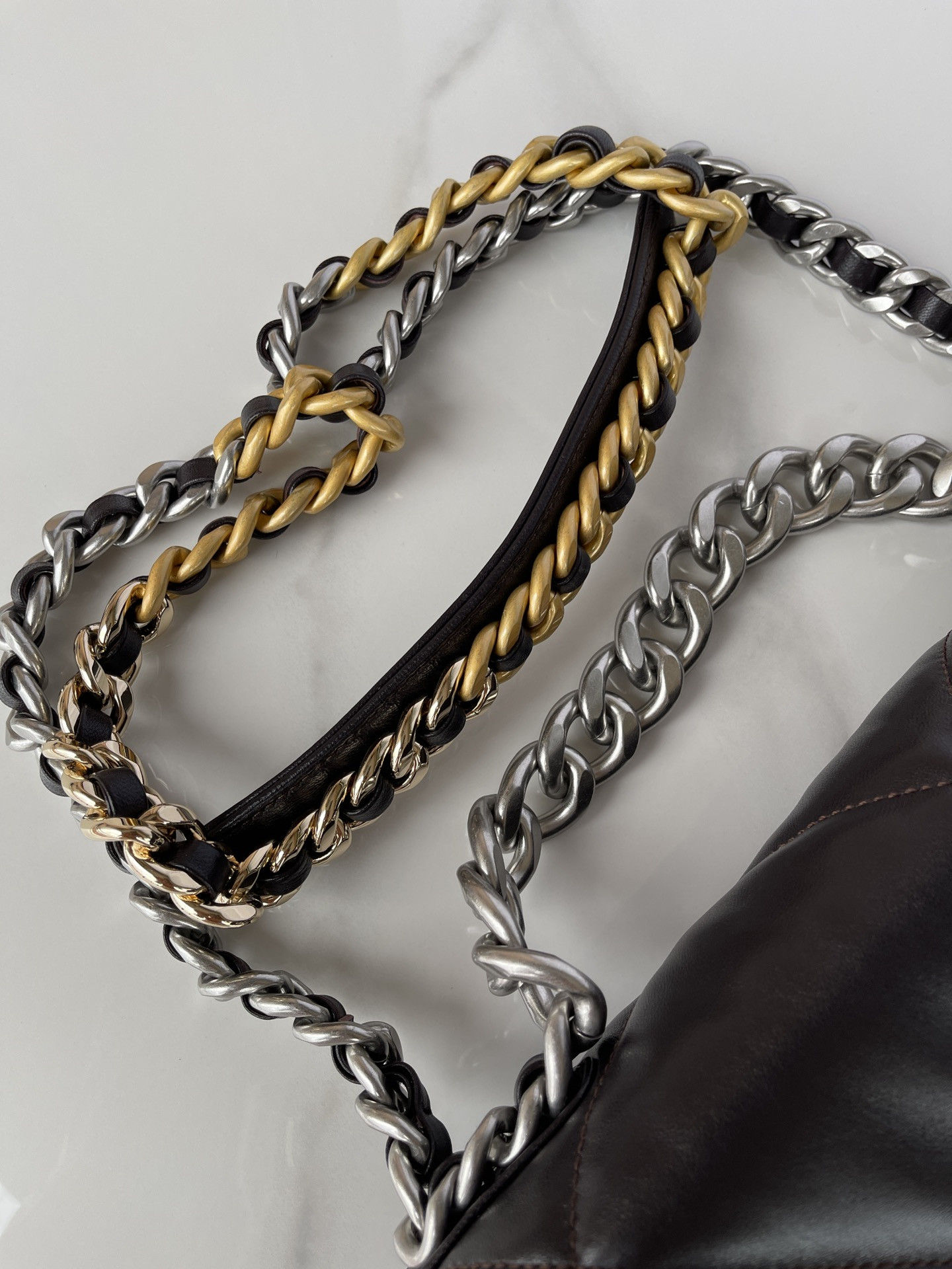 Ch**el 19 LARGE HANDBAG Shiny Leather Black, Gold-Tone, Silver-Tone & Ruthenium-Finish Metal 7.8 × 11.7 × 3.9 in