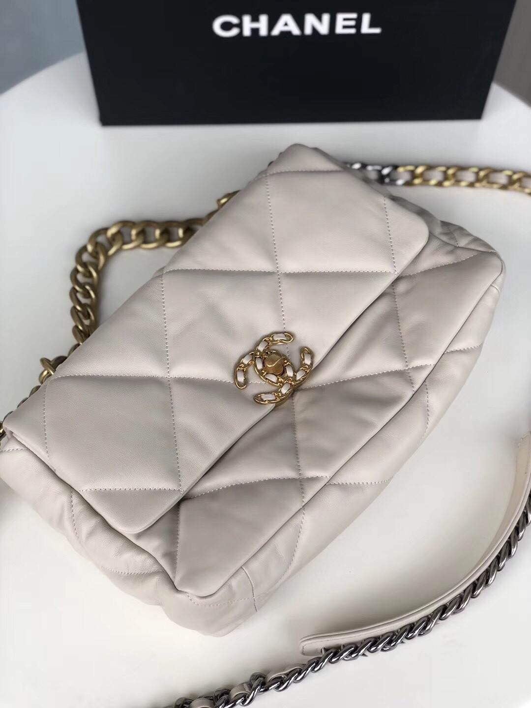 Ch**el 19 LARGE HANDBAG Shiny Leather, Gold-Tone, Silver-Tone & Ruthenium-Finish Metal Beige 7.8 × 11.7 × 3.9 in