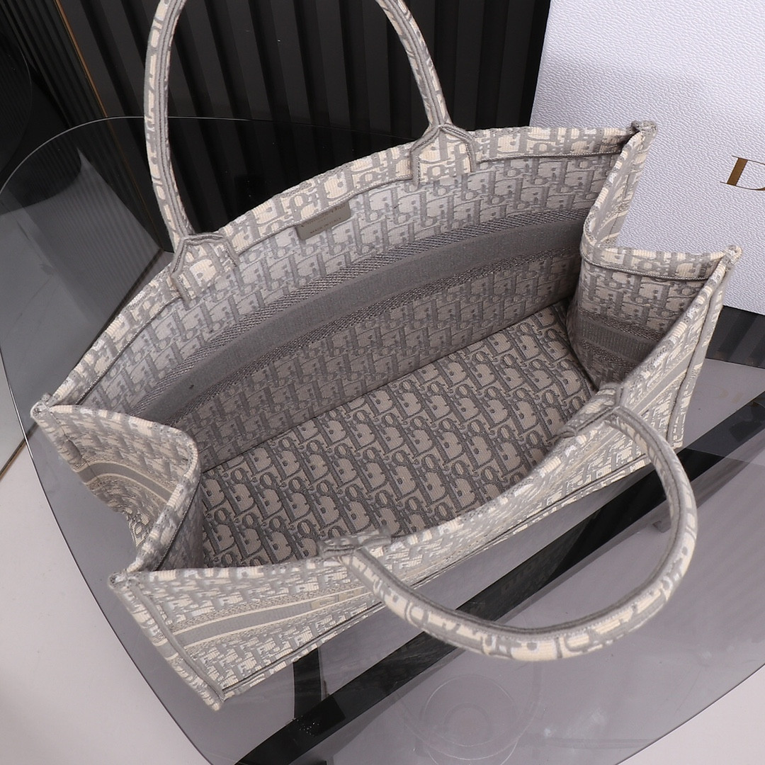 Large D10r Book Tote Ecru and Gray D10r Oblique Embroidery 16.5 x 14 x 7.5 inches