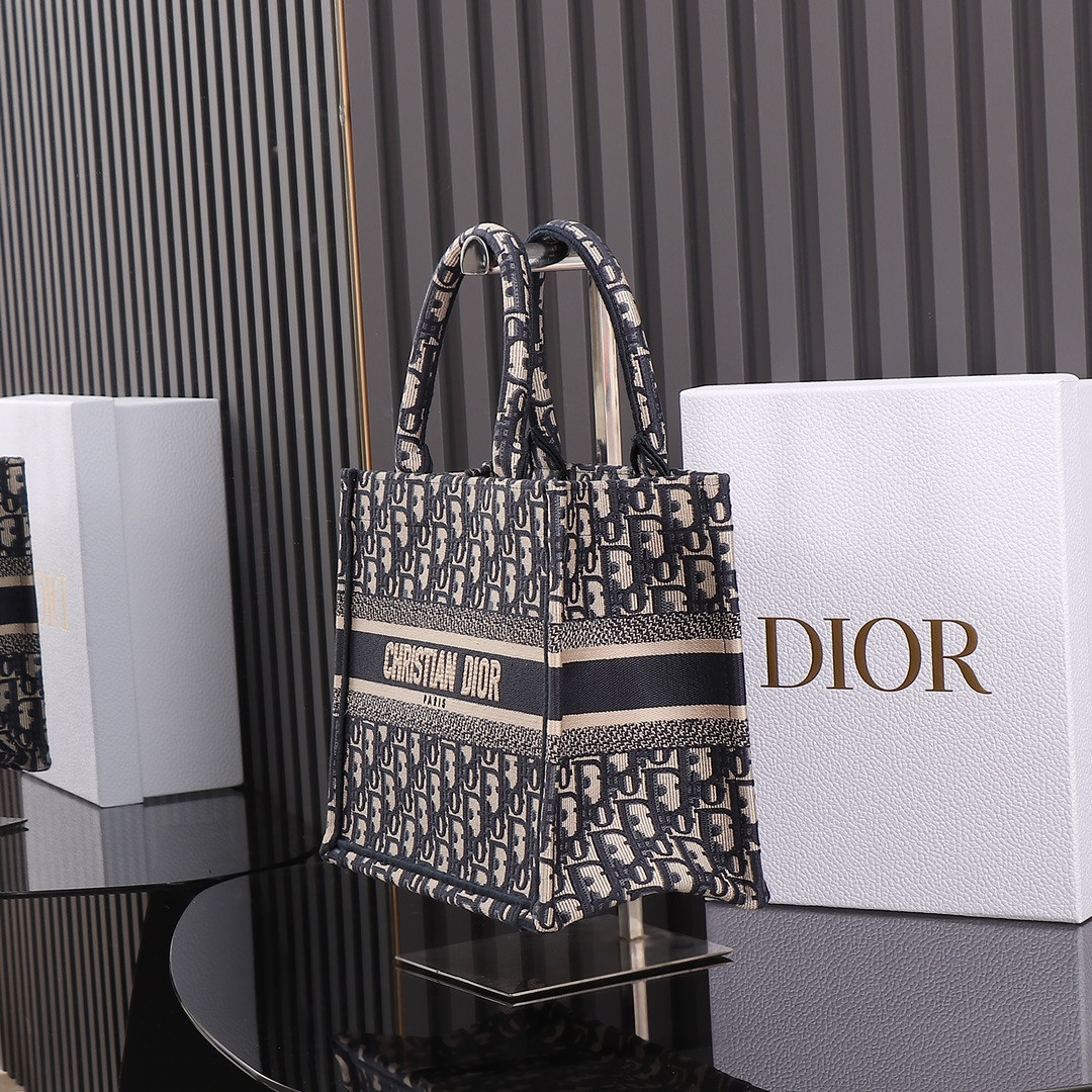 Small D10r Book Tote Ecru and Blue D10r Oblique Embroidery 10.5 x 8.5 x 5.5 inches