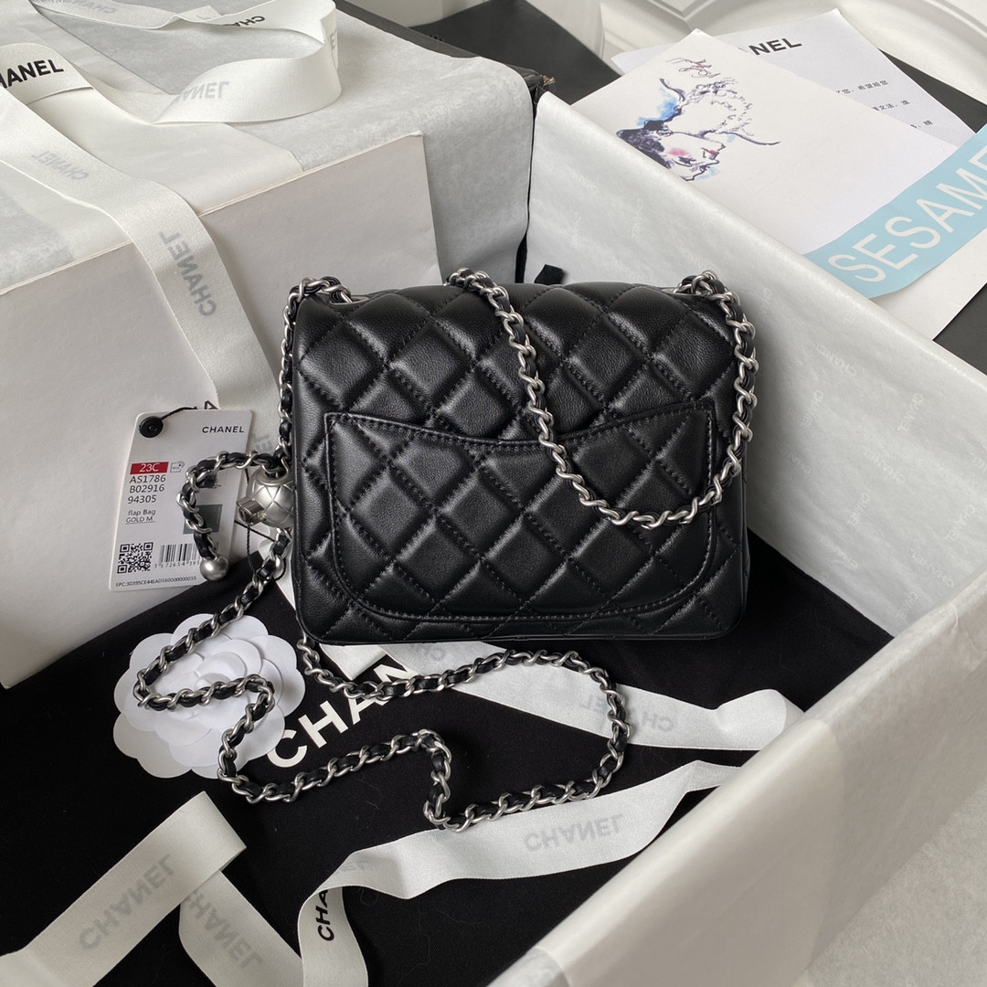 Ch**el MINI FLAP BAG SHINY CALFSKIN & SILVER-Tone METAL BLACK 5.3 × 6.6 × 3.1 in
