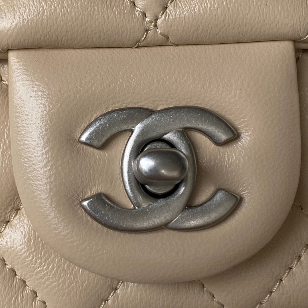 Ch**el MINI FLAP BAG SHINY CALFSKIN & SILVER-Tone METAL COFFEE 5.3 × 6.6 × 3.1 in
