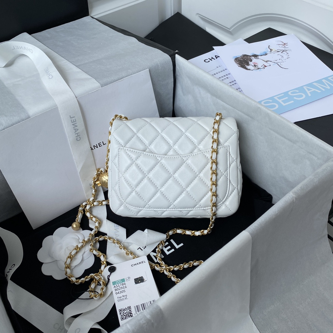 Ch**el MINI FLAP BAG SHINY CALFSKIN & Gold-Tone METAL WHITE 5.3 × 6.6 × 3.1 in