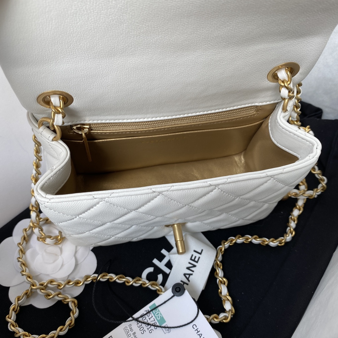 Ch**el MINI FLAP BAG SHINY CALFSKIN & Gold-Tone METAL WHITE 5.3 × 6.6 × 3.1 in