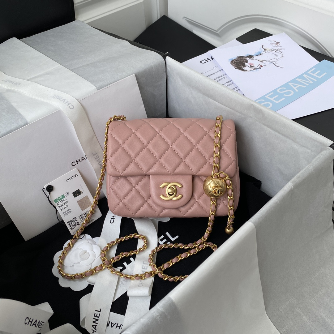 Ch**el MINI FLAP BAG SHINY CALFSKIN & Gold-Tone METAL PINK 5.3 × 6.6 × 3.1 in