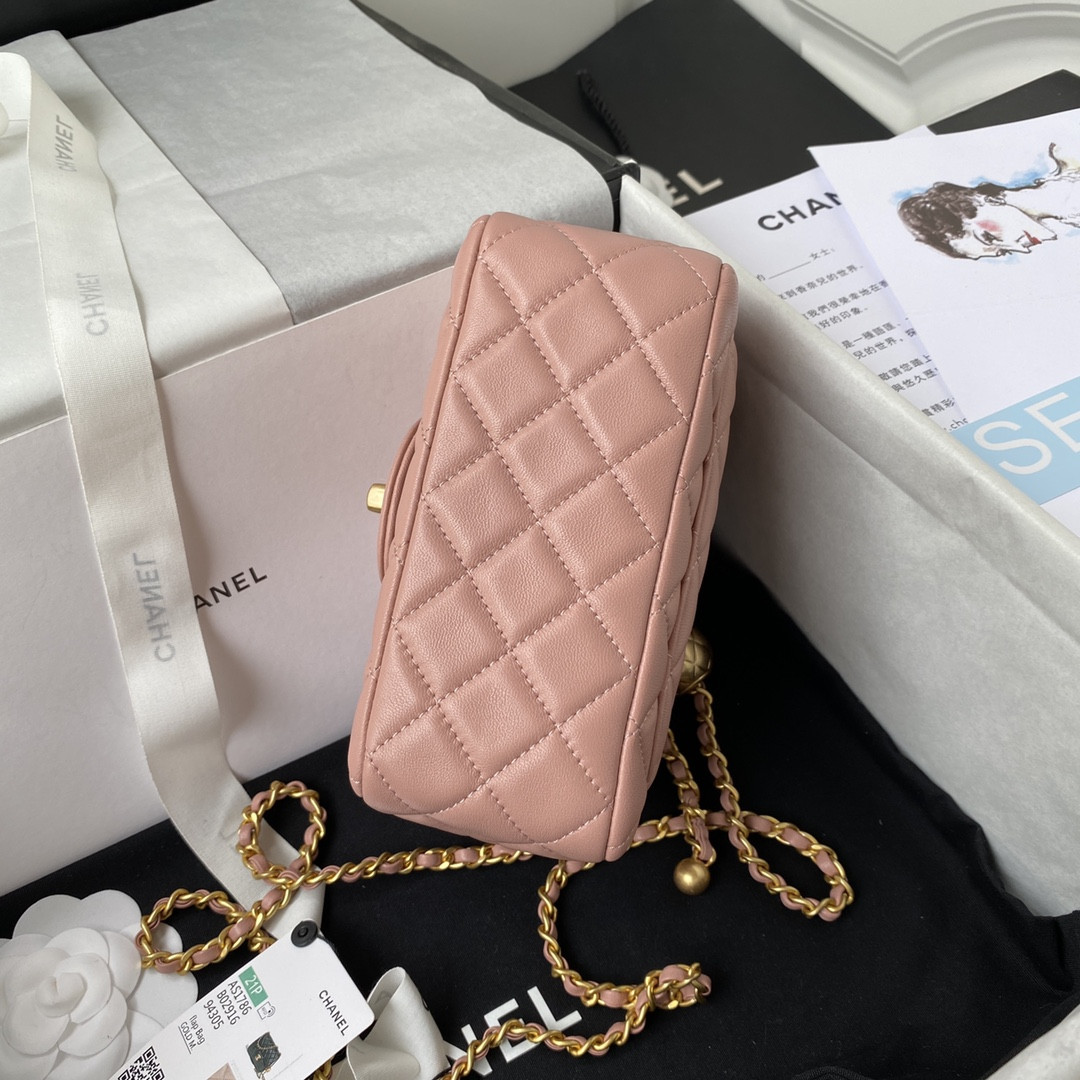 Ch**el MINI FLAP BAG SHINY CALFSKIN & Gold-Tone METAL PINK 5.3 × 6.6 × 3.1 in