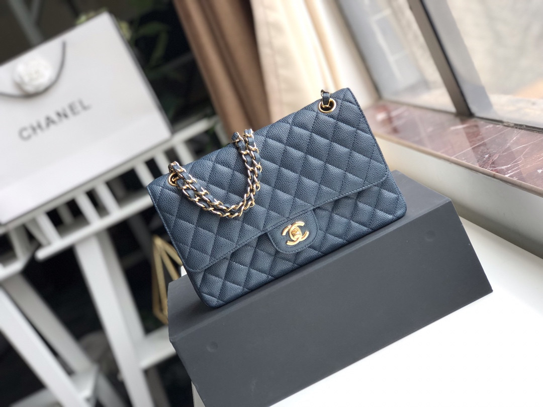 Ch**el CLASSIC HANDBAG GRAINED CALFSKIN & GOLD-TONE METAL NAVY 6 × 9.9 × 2.5 in
